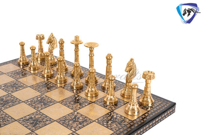14" Solid Brass Metal Classic HUNGARIAN Hand carved Chess set- BLACK-GOLD Slim chess men Carving with velvet storage box Chess board set.