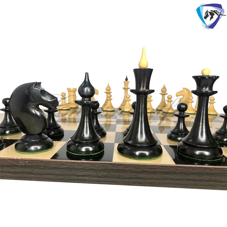 4.1" 1950 Soviet(Russian) Latvian Chess Pieces Set in Ebonized Boxwood-Reproduction chess pieces + 55mm SQ Ebonywood Borderless chess board