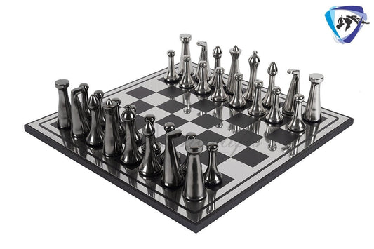 16" Metal chess Board set Reproduced Hermann Ohme Metal chess Set Unique modern design Black-silver Glossy Polish MODERN HOME DECOR Chess
