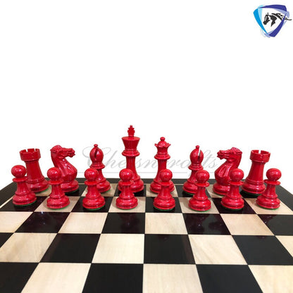 COMBO of 4" Club Staunton Chess Pieces Set Red Black Painted Boxwood Weighted 4Q + 21" Ebonywood Chess Board SQ: 55mm(2.2")