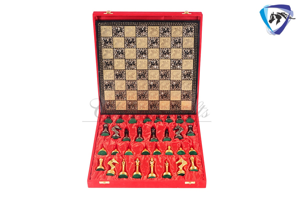 14" Solid Brass Metal Chess set- Russian Soviet Chess with Carving & Velvet storage box - Vintage Collector antique set