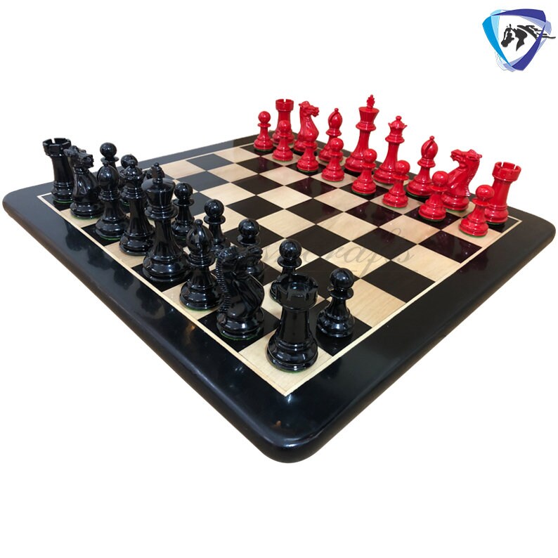 COMBO of 4" Club Staunton Chess Pieces Set Red Black Painted Boxwood Weighted 4Q + 21" Ebonywood Chess Board SQ: 55mm(2.2")