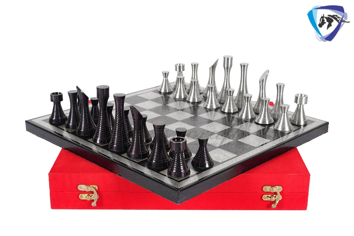 14" Brass Chess Board set- BLACK SILVER Slim Rings chess men Carved with velvet storage box - Luxury Brass Chess board set Gift for him