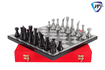 14" Brass Chess Board set- BLACK SILVER Slim Rings chess men Carved with velvet storage box - Luxury Brass Chess board set Gift for him