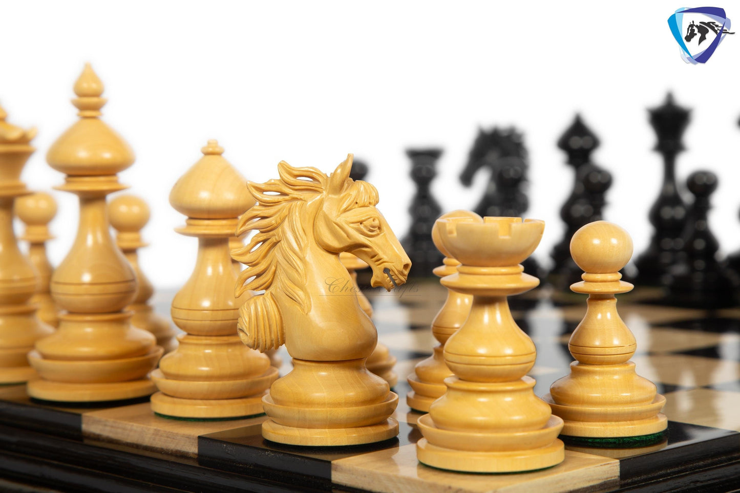 4.5" Staunton Ebony wood Chess pieces Set- WILD STALLION + 21" Ebony wood Chess Board STEPS border  + Leatherette storage Box.