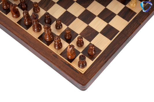 12" Foldable wooden chess board set - Magnetic chess pieces with extra queens - Rosewood Handmade travel chess with storage + Leather cover